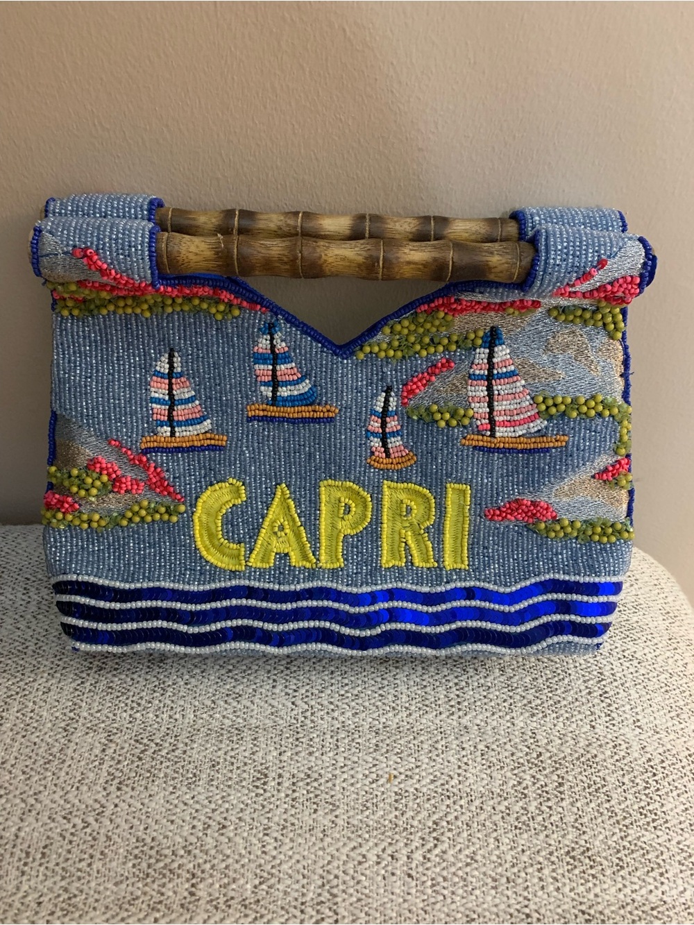 Capri Beaded Bamboo-Handle Tote Bag in Light Blue and Yellow NWOT